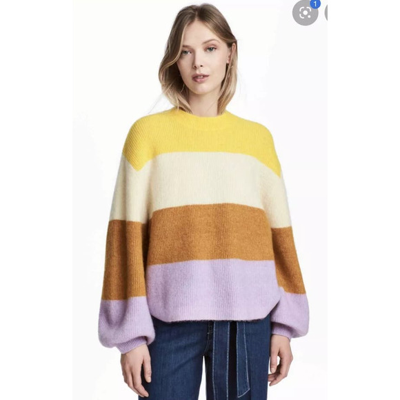 NWOT H&M Striped Crewneck Balloon Sleeve Mohair Wool Blend Sweater. Size S - Picture 1 of 7